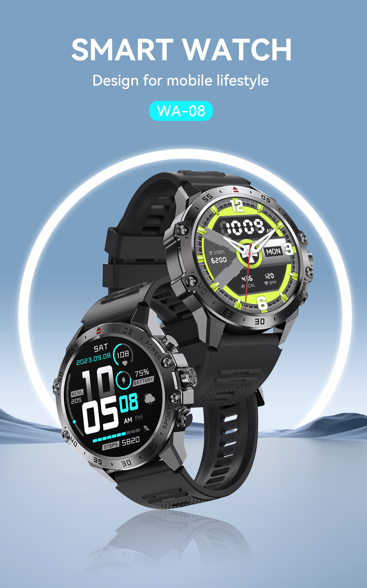 BWOO - Smartwatch WA-08 Silver Band Silver/Black - 5