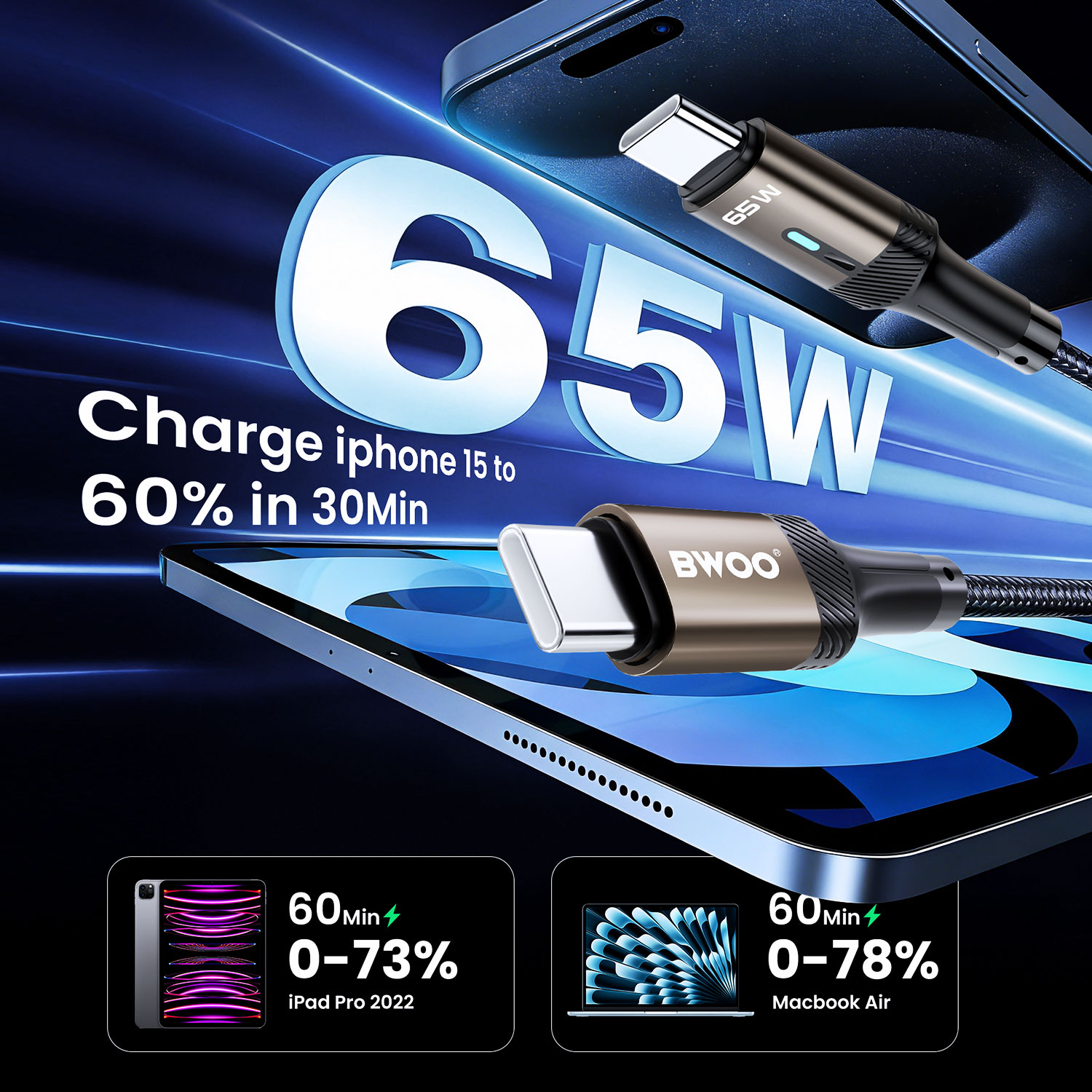 Cable - BWOO Nylon Type C To Type-C Black 65W - 2