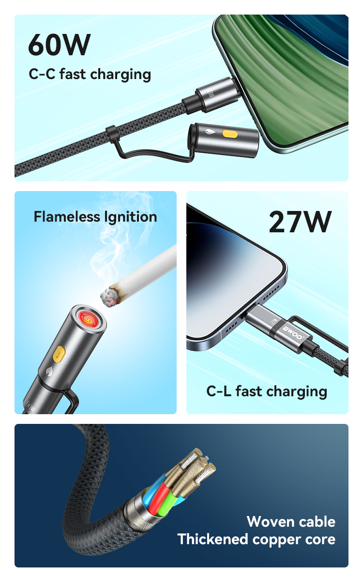 Cable - BWOO USB-C Cable 4-in-1 Lightning Cable with LED Light 60W/27W Grey - 2