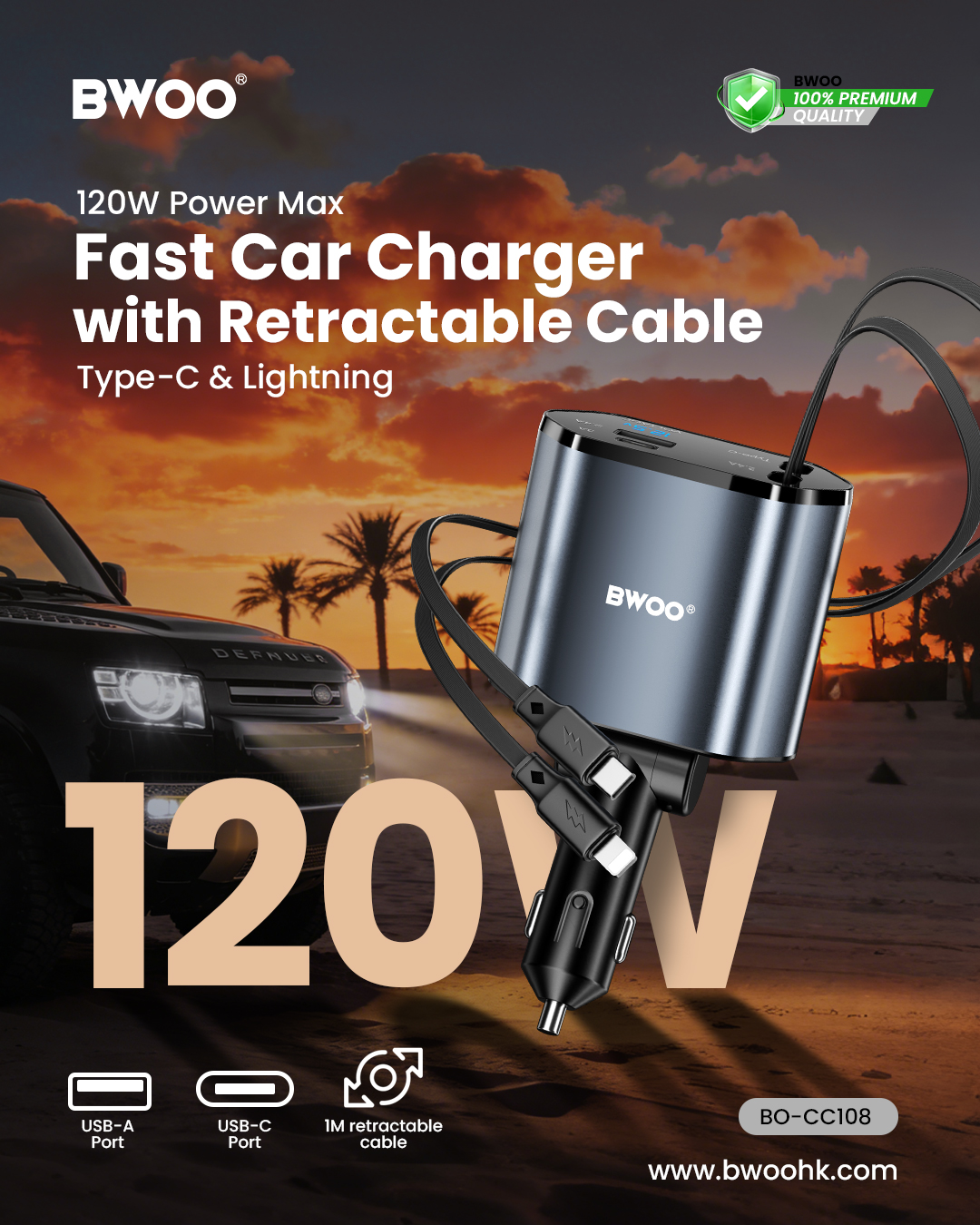 Cargador Auto - BWOO 4 In 1 120W Black - 12