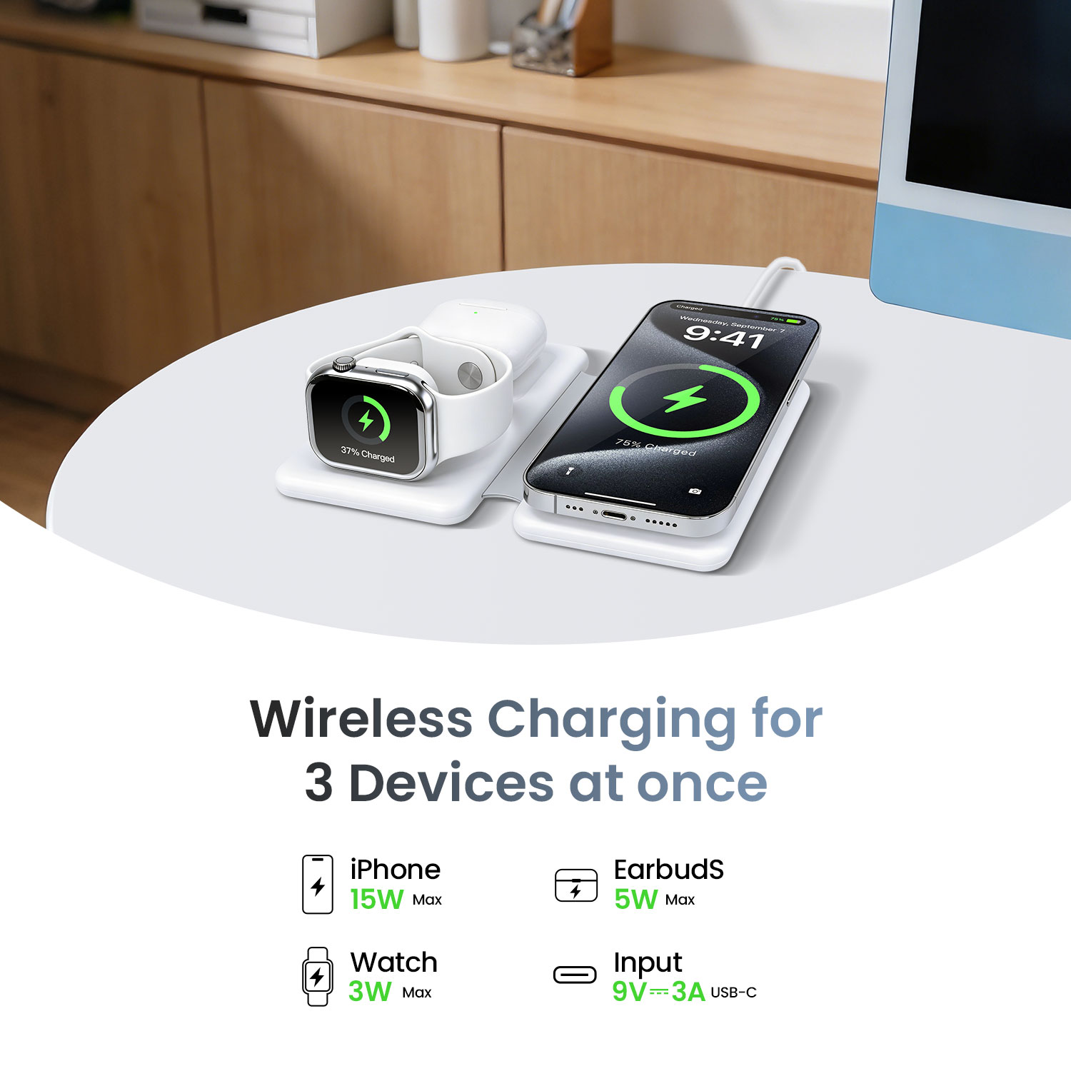 Wireless Charger - BWOO 3 In 1 Compact White - 6