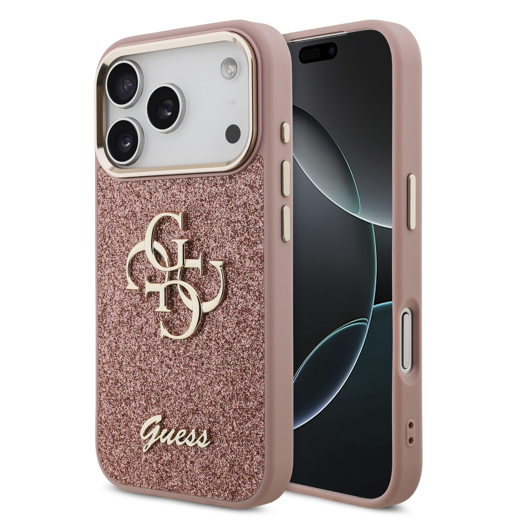iPhone 17 Pro - GUESS Fixed Glitter Big Metal Frame Pink - 2
