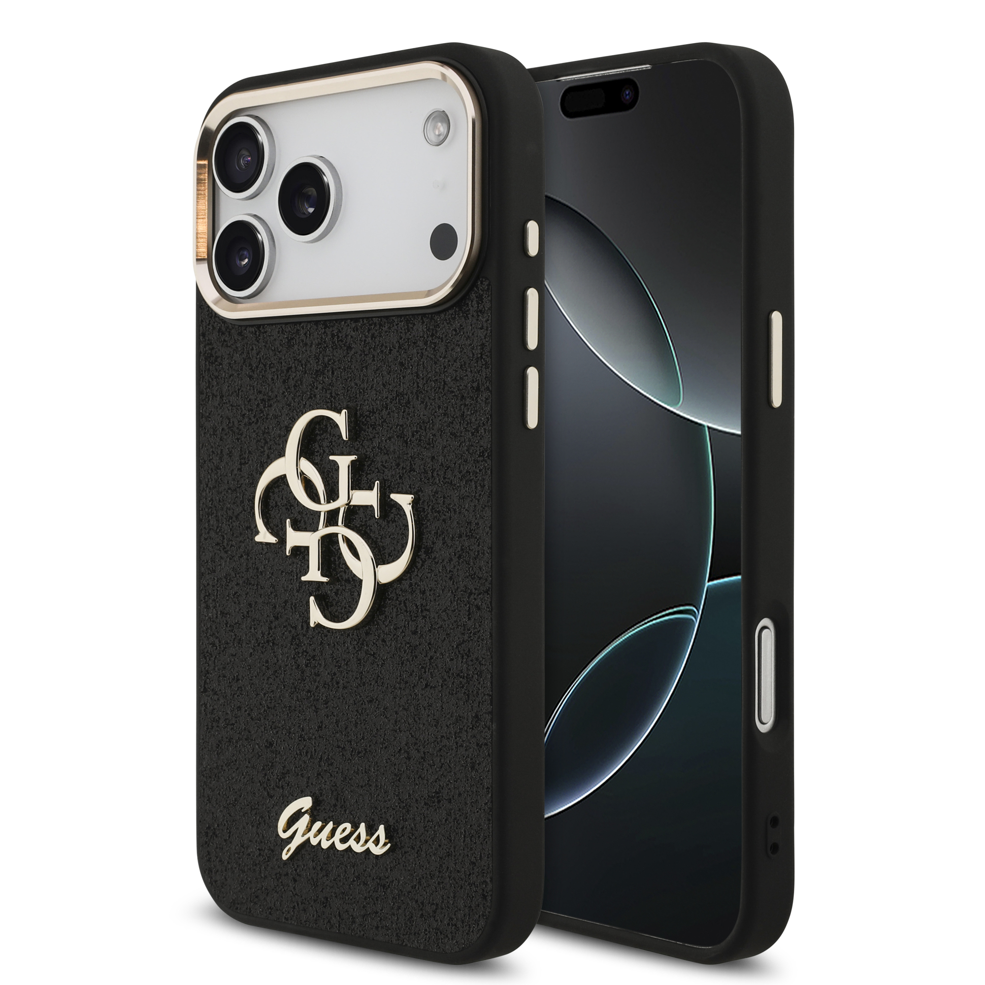 iPhone 17 Pro Max - GUESS Fixed Glitter Big 4G Metal Frame Black - 2