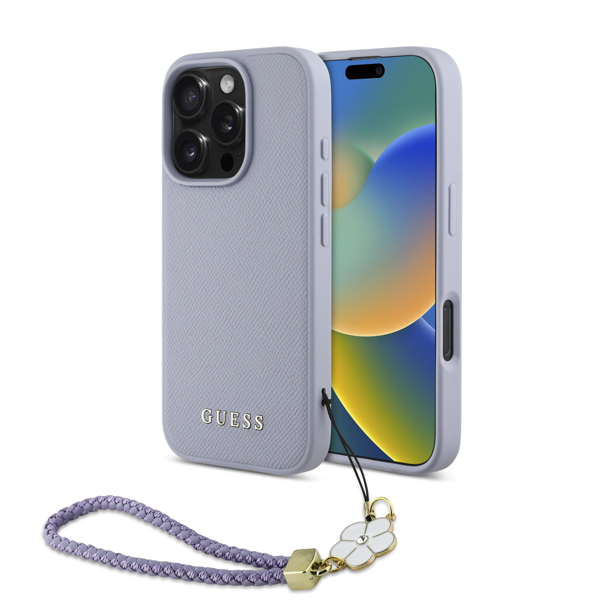 iPhone 16 Pro - GUESS Hard Case MagSafe Grained PU Flower Charm Strap Purple