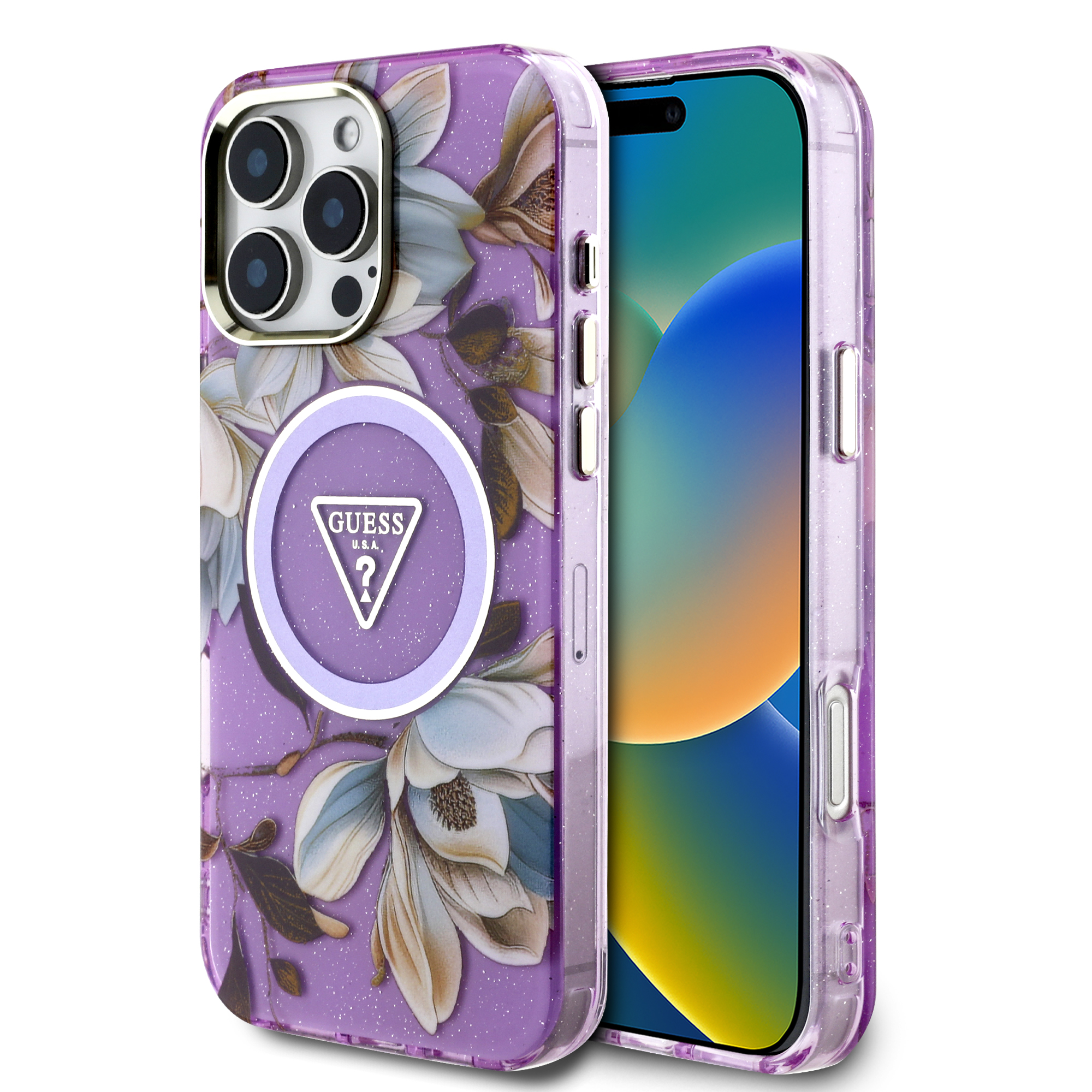 iPhone 16 Pro Max - GUESS Glitter Flower With MagSafe Purple