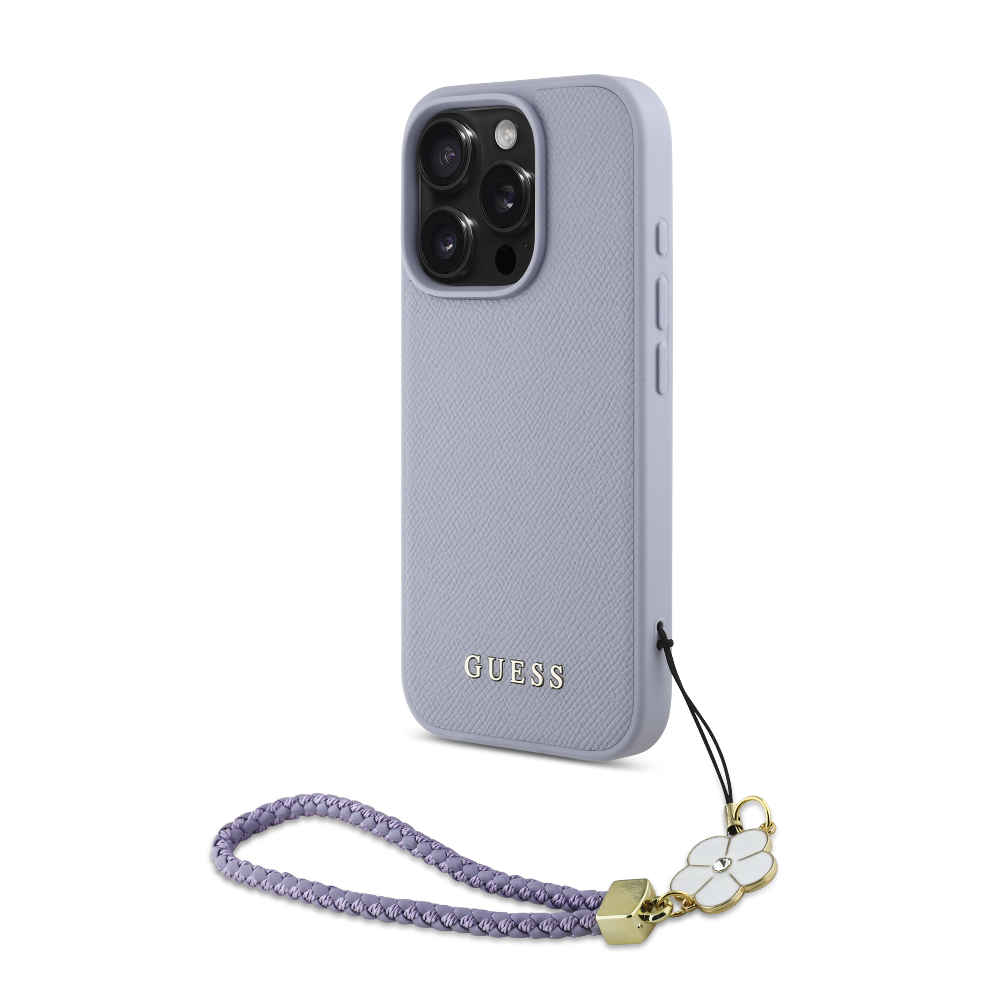 iPhone 16 Pro Max - GUESS Hard Case MagSafe Grained PU Flower Charm Strap Purple - 2