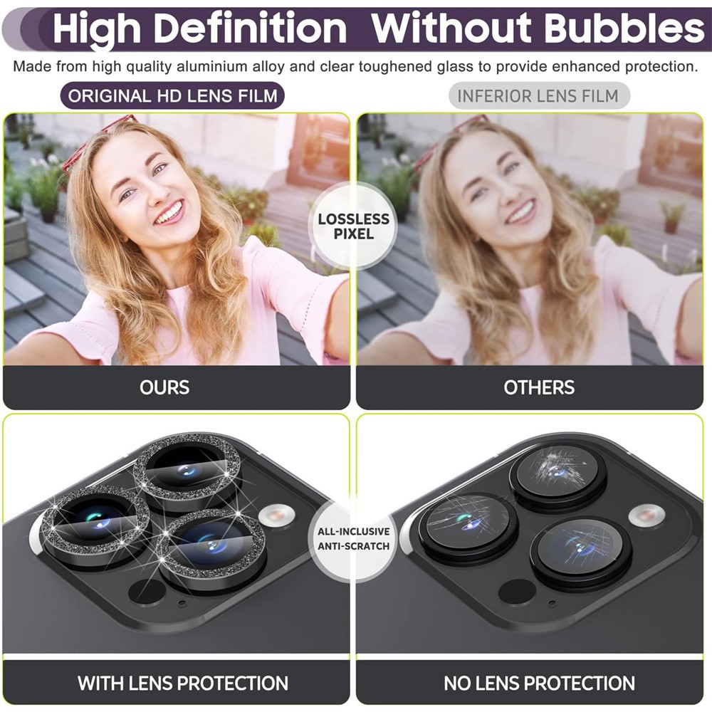 iPhone 15 Pro/15 Pro Max - Camera Lens Glass Protector Glitter Black - 4