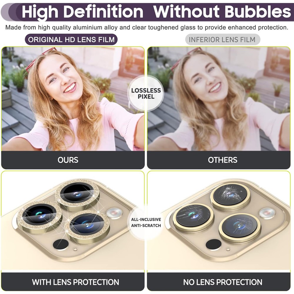 iPhone 15 Pro/15 Pro Max - Camera Lens Glass Protector Glitter Gold - 4